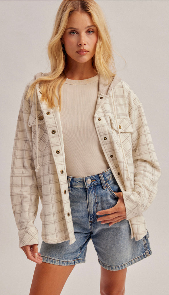 Neutral Ground Soft Brush Texture Check Plaid Hooded Shacket- Ecru