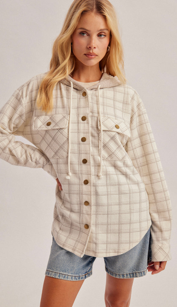 Neutral Ground Soft Brush Texture Check Plaid Hooded Shacket- Ecru