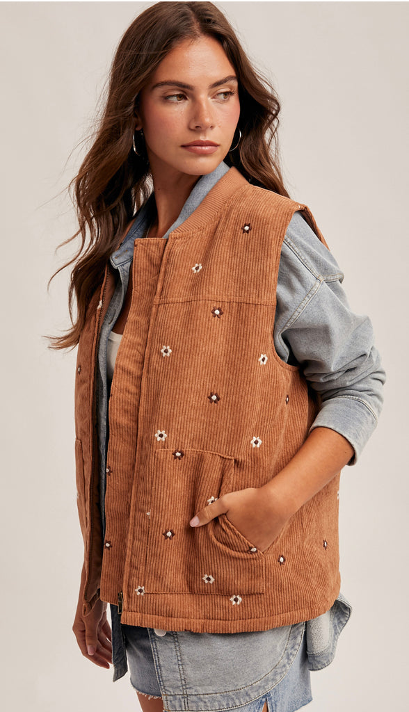 Daisy Floral Embroidered Corduroy Zip Vest- Dark Teal