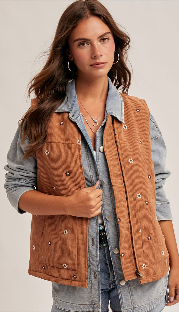 Daisy Floral Embroidered Corduroy Zip Vest- Dark Teal