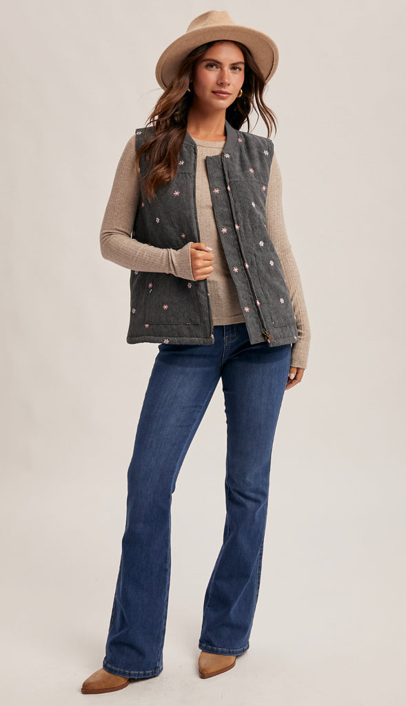 Daisy Floral Embroidered Corduroy Zip Vest- Dark Teal