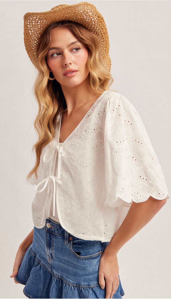 Mia Ribbon-Tied Eyelet Top- Ivory