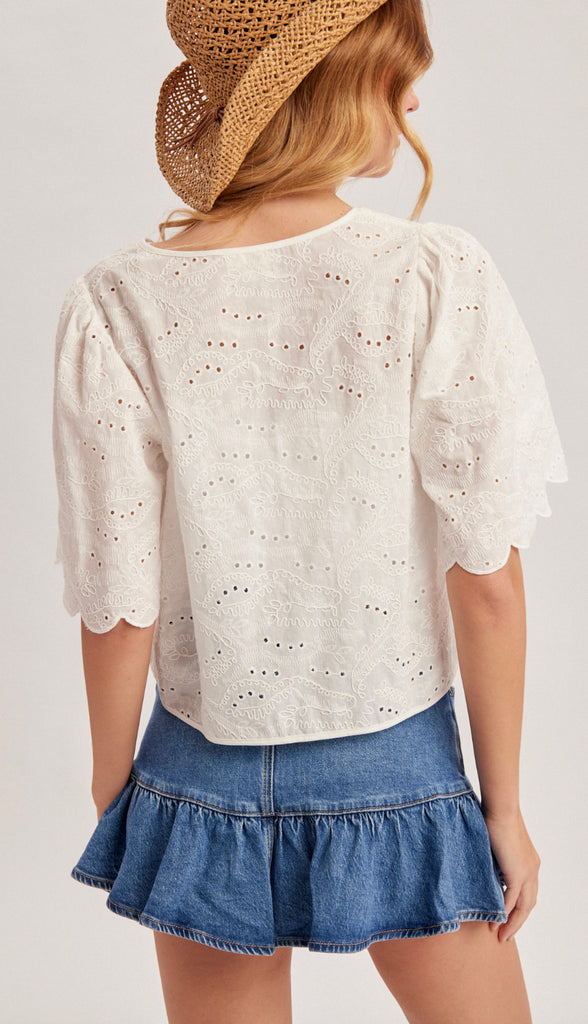 Mia Ribbon-Tied Eyelet Top- Ivory