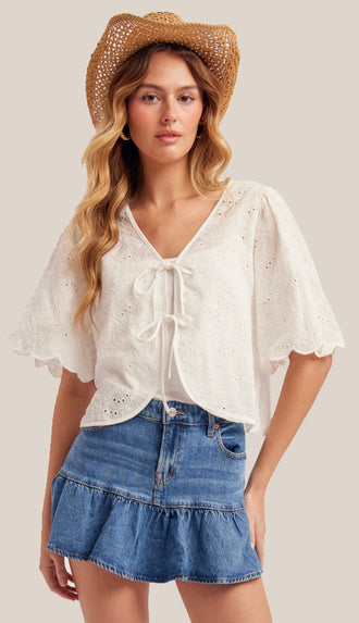 Mia Ribbon-Tied Eyelet Top- Ivory