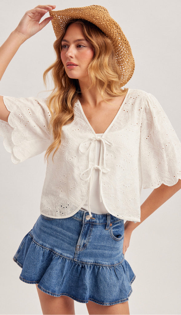 Mia Ribbon-Tied Eyelet Top- Ivory