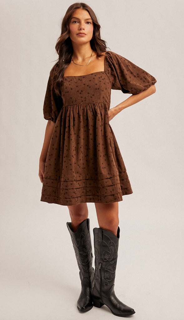 Rowan Floral Corduroy Baby Doll Dress- Mocha