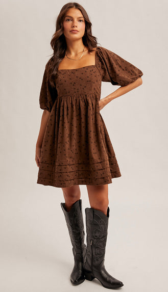 Rowan Floral Corduroy Baby Doll Dress- Mocha