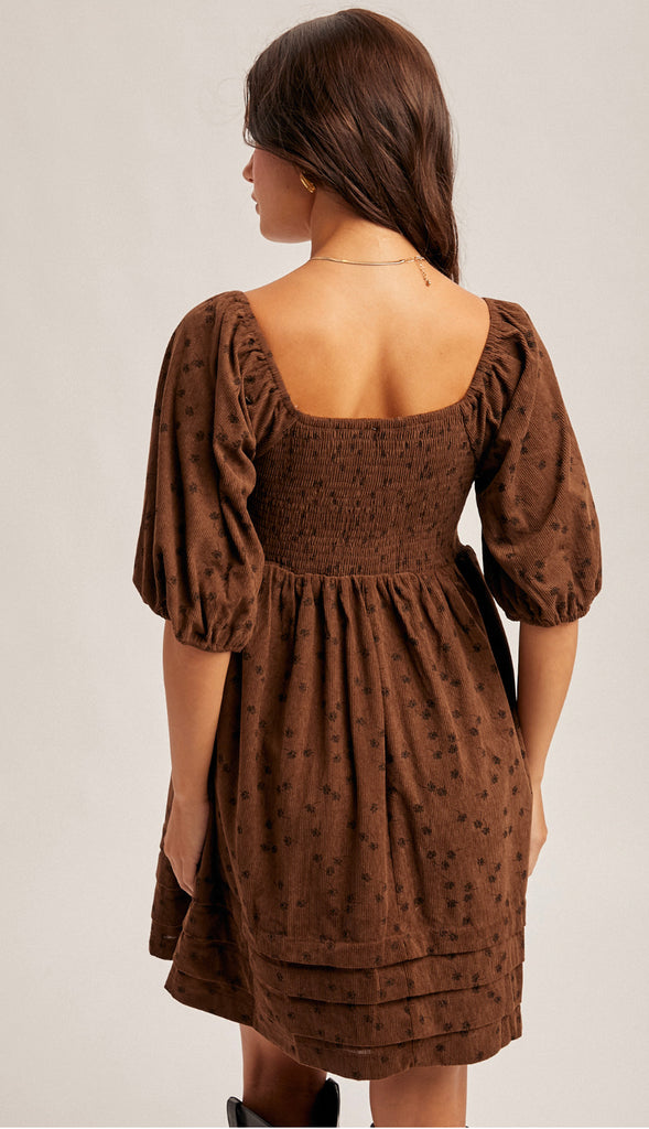 Rowan Floral Corduroy Baby Doll Dress- Mocha