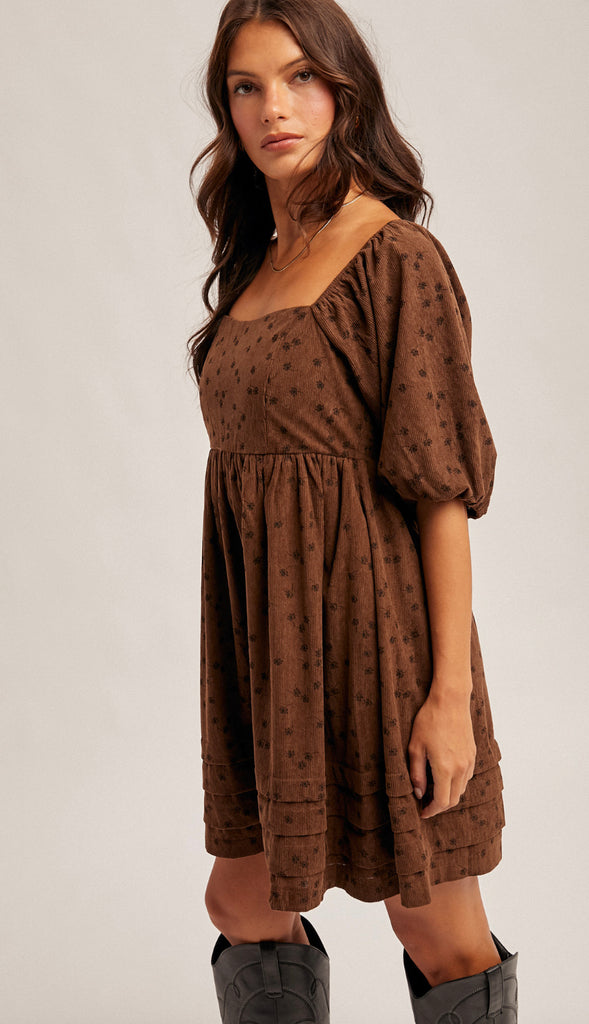 Rowan Floral Corduroy Baby Doll Dress- Mocha