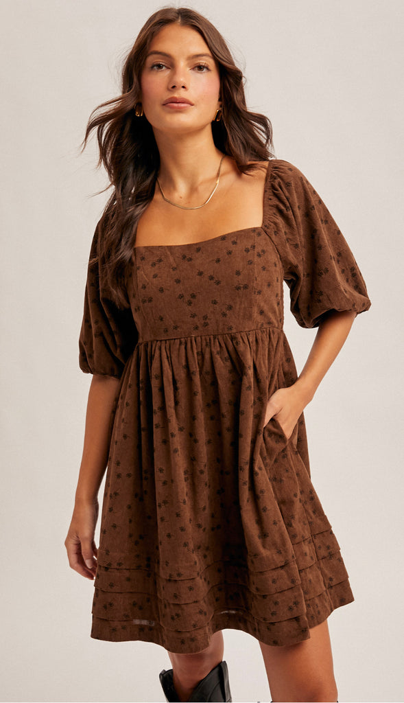 Rowan Floral Corduroy Baby Doll Dress- Mocha