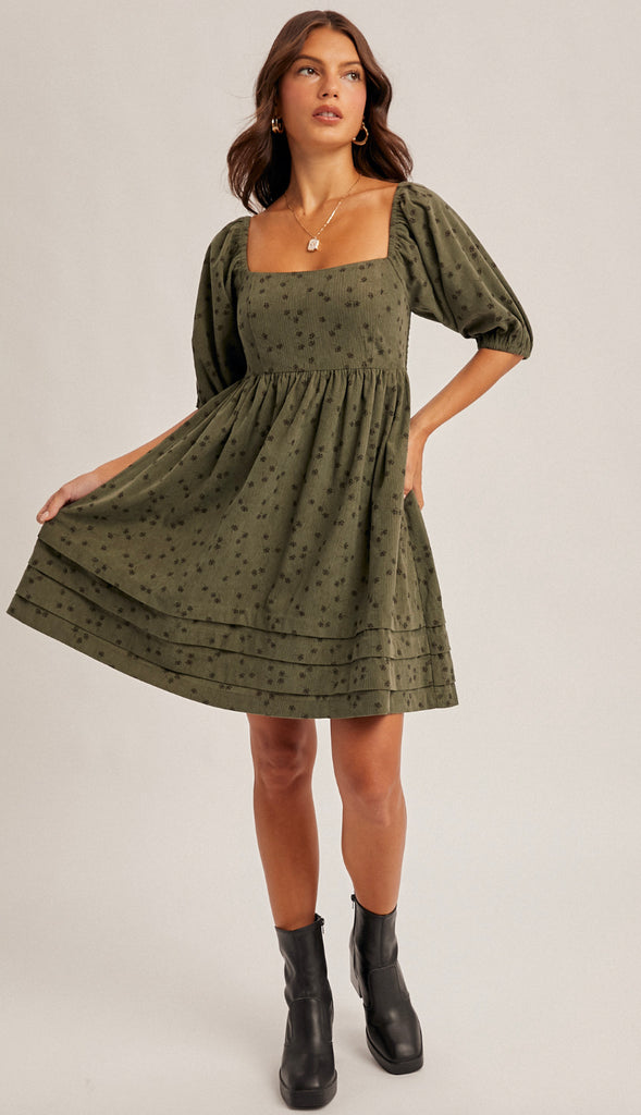 Rowan Floral Corduroy Baby Doll Dress- Mocha