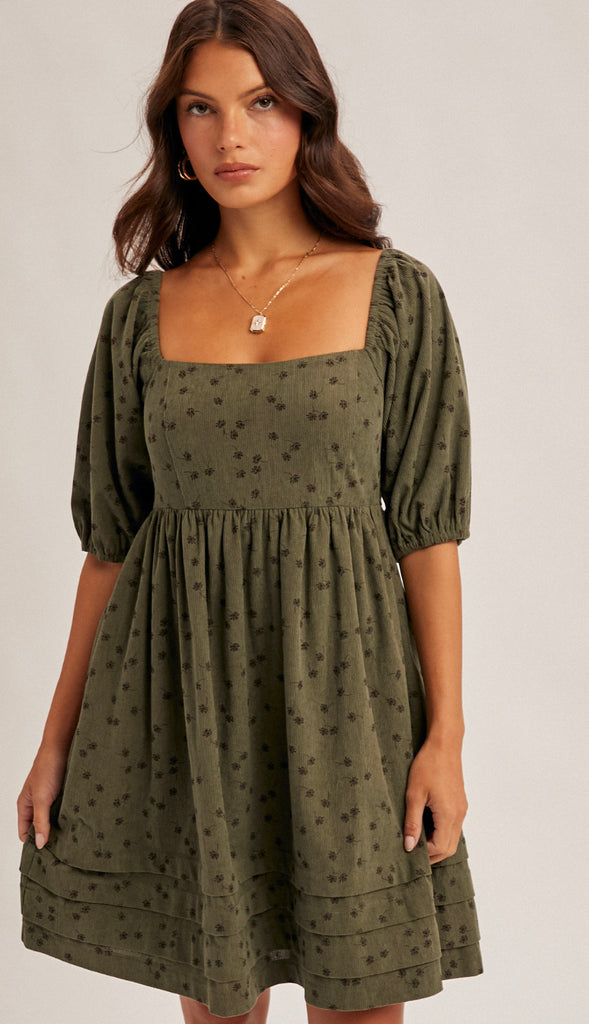 Rowan Floral Corduroy Baby Doll Dress- Mocha