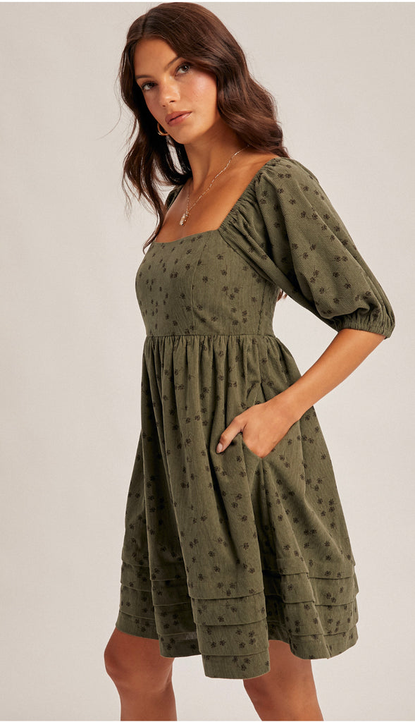 Rowan Floral Corduroy Baby Doll Dress- Mocha
