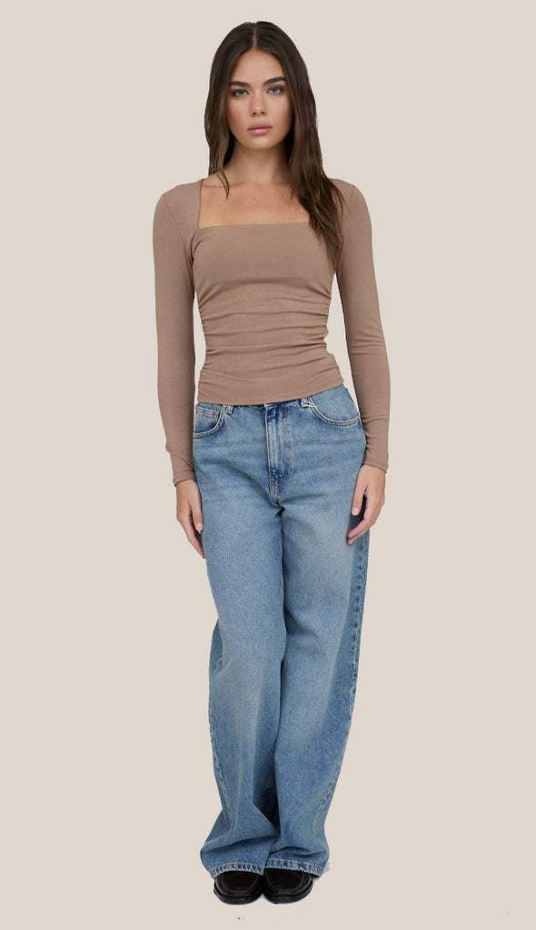 Square Neck Ruched Side Long Sleeve Top- Brown