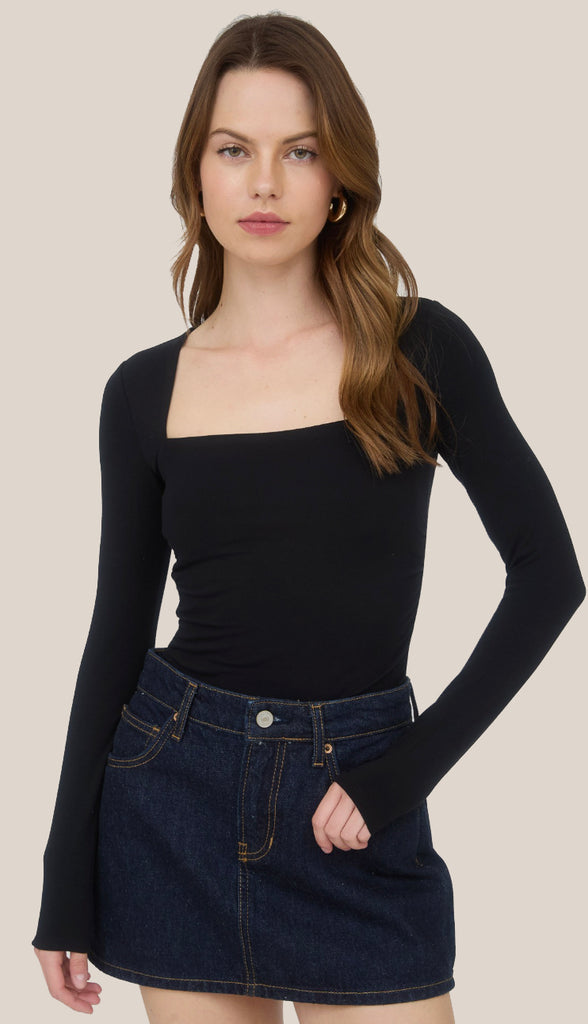 Square Neck Ruched Side Long Sleeve Top- Brown