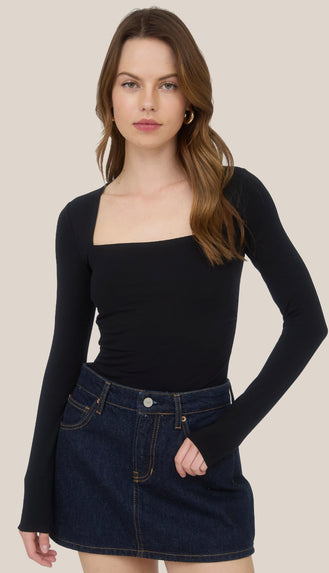 Square Neck Ruched Side Long Sleeve Top- Black