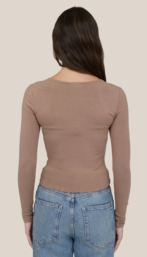 Square Neck Ruched Side Long Sleeve Top- Brown