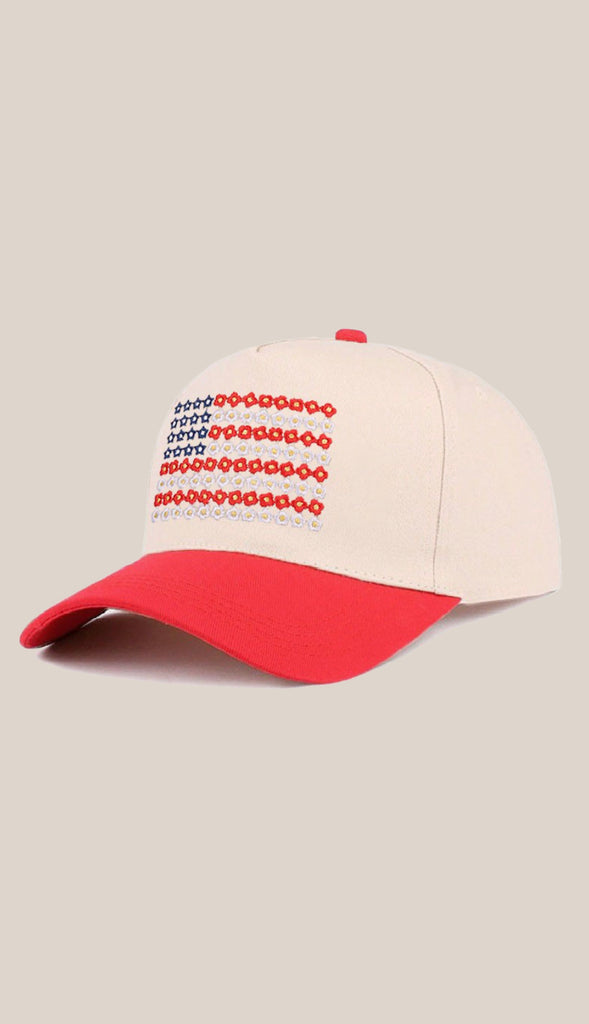 Star Floral American Flag Two Tone Cotton Hat- Red