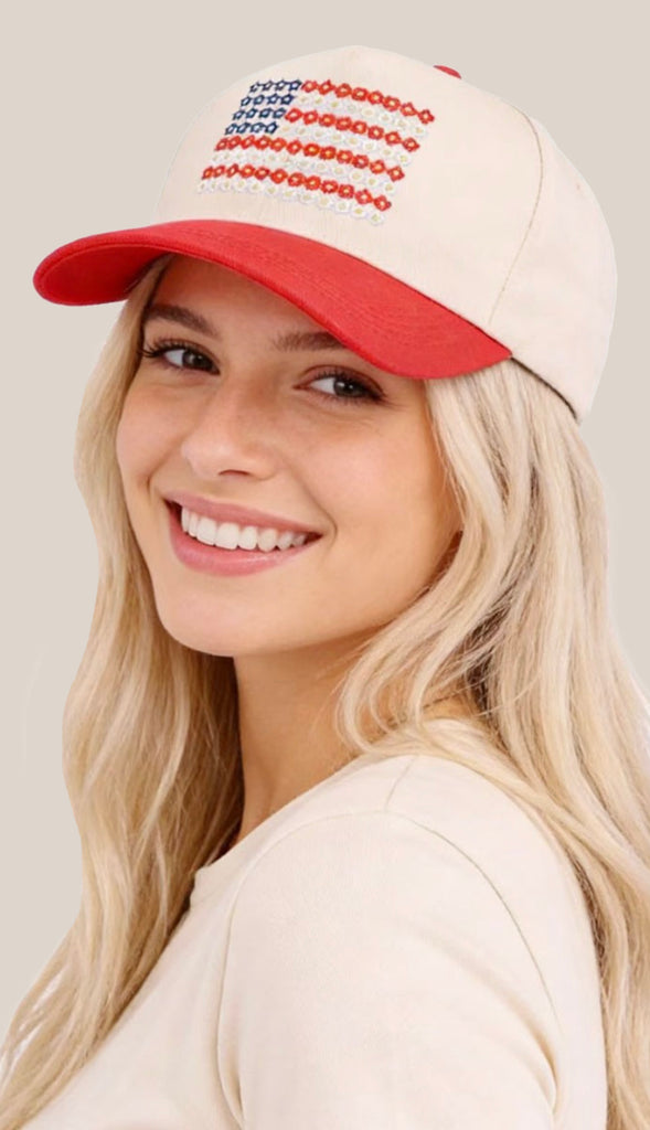 Star Floral American Flag Two Tone Cotton Hat- Red
