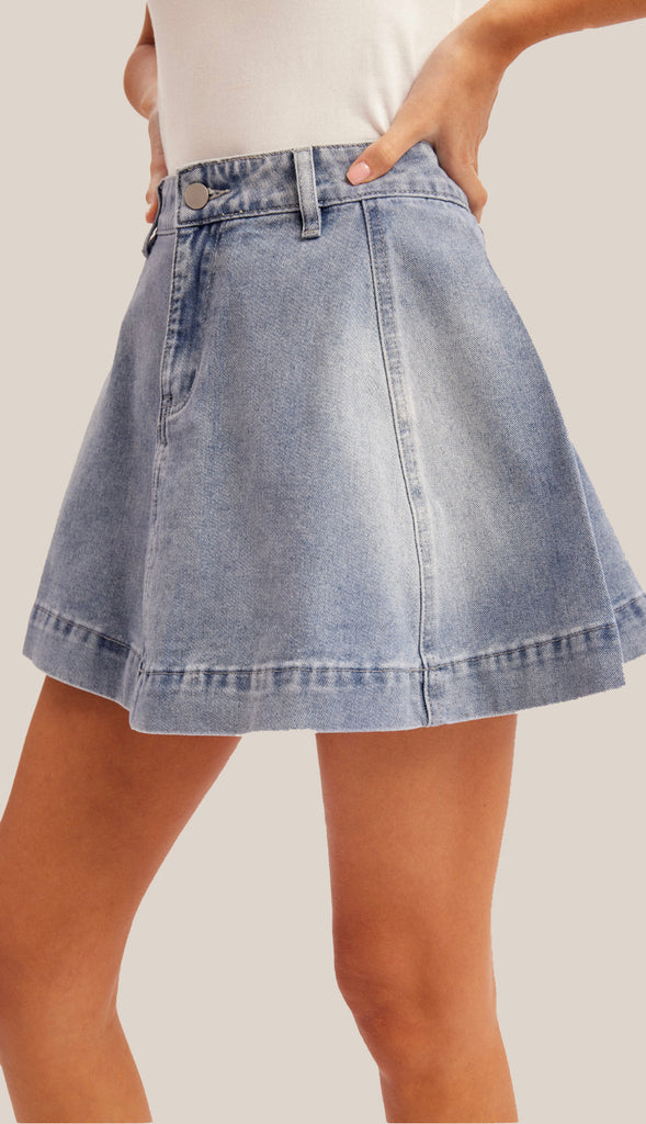 Denim Flare Mini Skirt- Denim Blue