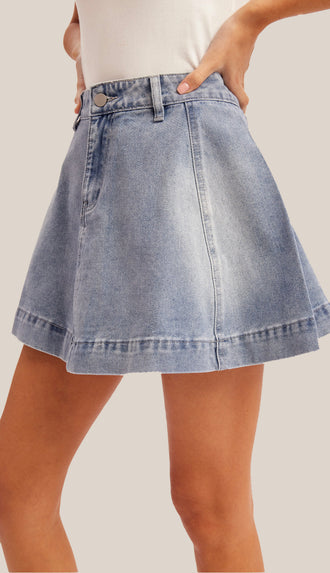 Denim Flare Mini Skirt- Denim Blue
