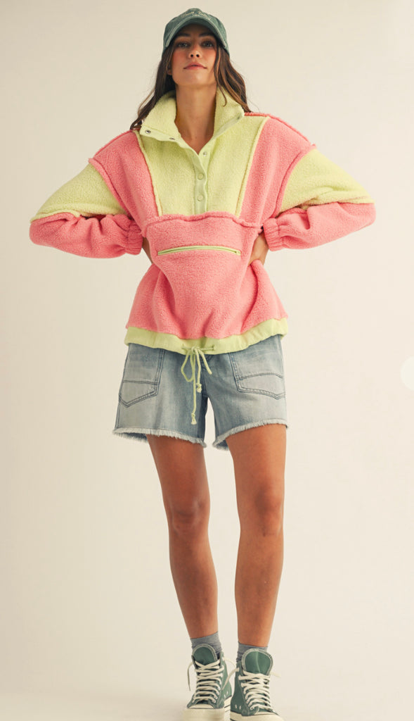 Winter Cozy Fleece Zipper Front Pullover- Dusted Cocoa/Butter