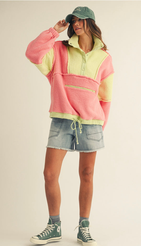 Winter Cozy Fleece Zipper Front Pullover- Dusted Cocoa/Butter