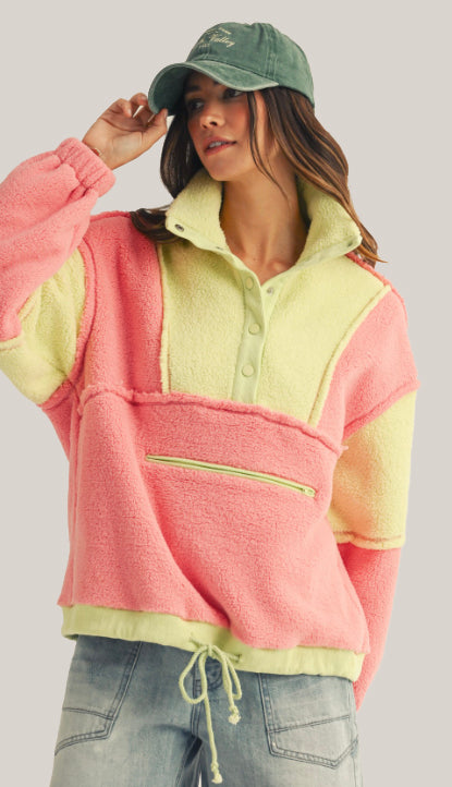 Winter Cozy Fleece Zipper Front Pullover- Dusted Cocoa/Butter