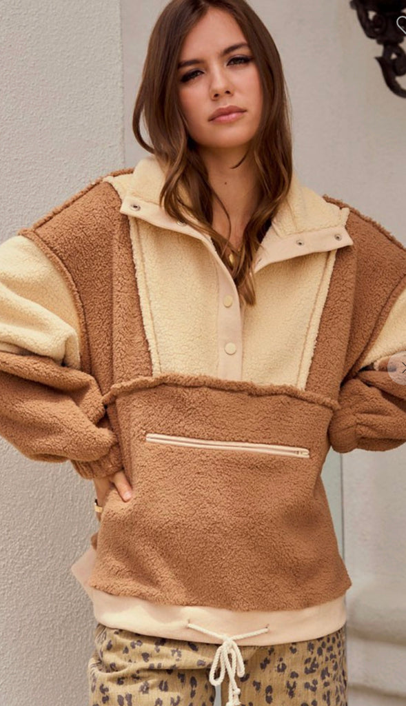 Winter Cozy Fleece Zipper Front Pullover- Dusted Cocoa/Butter