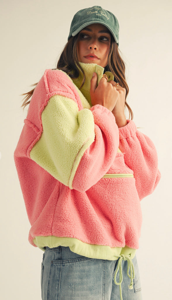 Winter Cozy Fleece Zipper Front Pullover- Dusted Cocoa/Butter