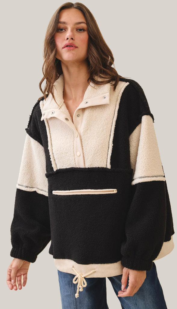 Winter Cozy Fleece Zipper Front Pullover- Dusted Cocoa/Butter