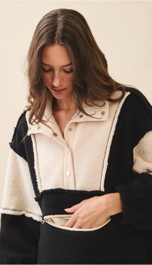Winter Cozy Fleece Zipper Front Pullover- Dusted Cocoa/Butter