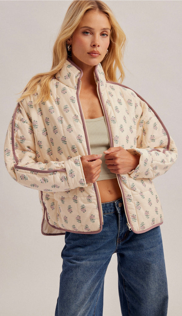 Delaney Quilted Puffer Lightweight Floral Jacket- Ecru
