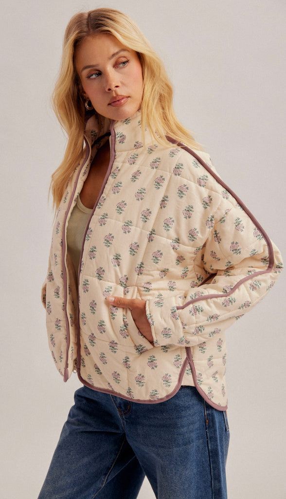 Delaney Quilted Puffer Lightweight Floral Jacket- Ecru