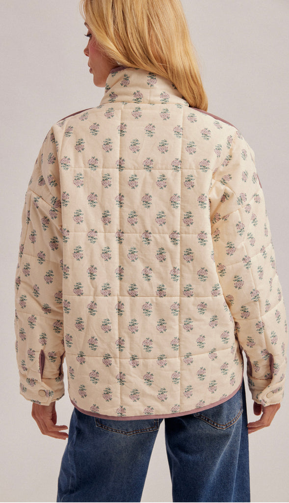 Delaney Quilted Puffer Lightweight Floral Jacket- Ecru