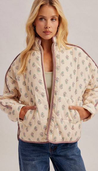 Delaney Quilted Puffer Lightweight Floral Jacket- Ecru
