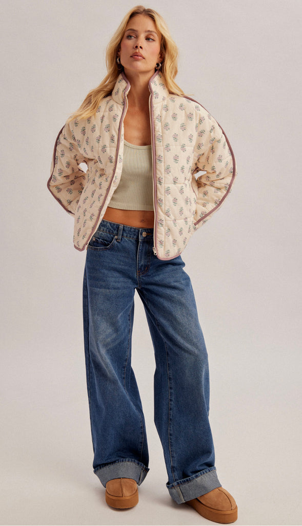 Delaney Quilted Puffer Lightweight Floral Jacket- Ecru