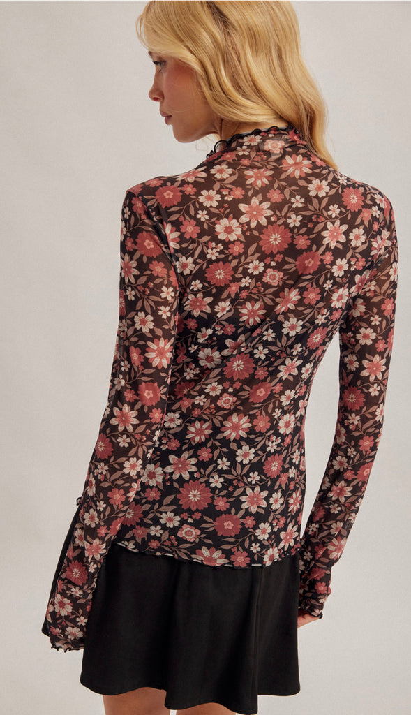 Midnight Blooms Floral Mesh Top- Black Multi