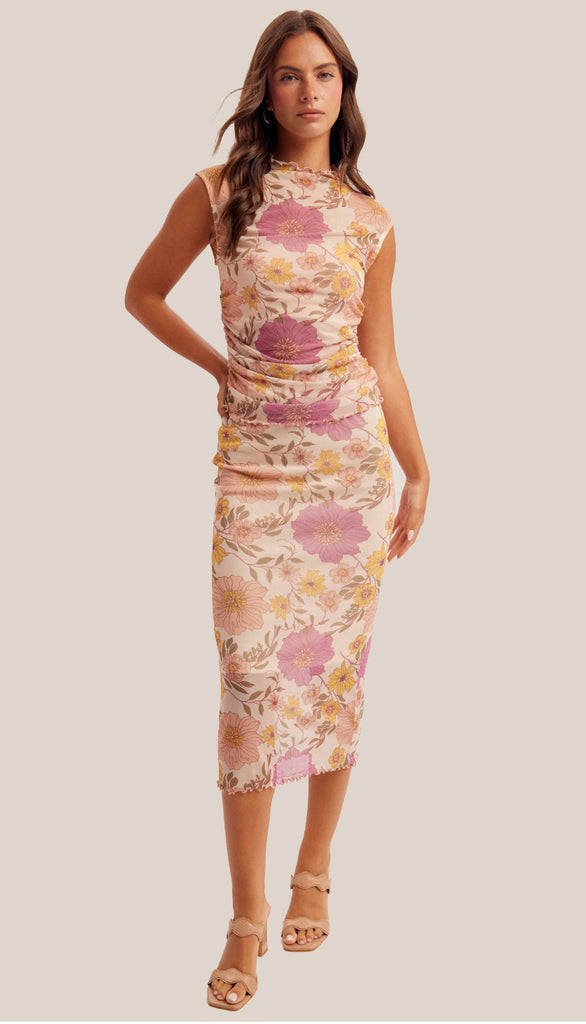 Heather Floral Mesh Print Midi Skirt- Multi