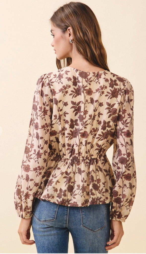 Spring Pretties Floral Lace Up Peplum Top- Beige