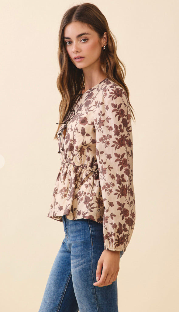 Spring Pretties Floral Lace Up Peplum Top- Beige
