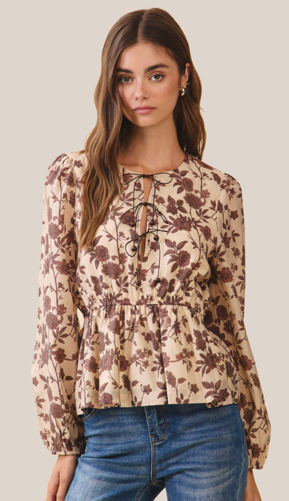 Spring Pretties Floral Lace Up Peplum Top- Beige