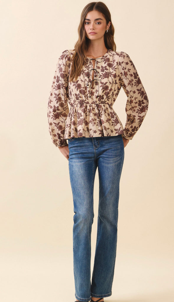 Spring Pretties Floral Lace Up Peplum Top- Beige