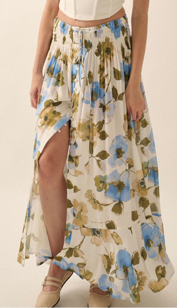 Alex Floral Button Front Maxi Skirt- Off White