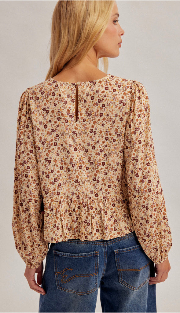 Blith Puff Sleeves Side Ribbon Tie Peplum Top- Taupe Multi