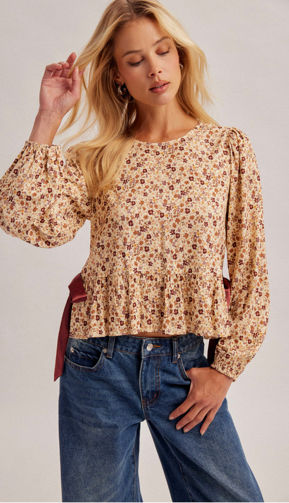 Blith Puff Sleeves Side Ribbon Tie Peplum Top- Taupe Multi