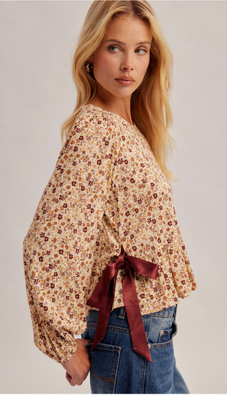 Blith Puff Sleeves Side Ribbon Tie Peplum Top- Taupe Multi