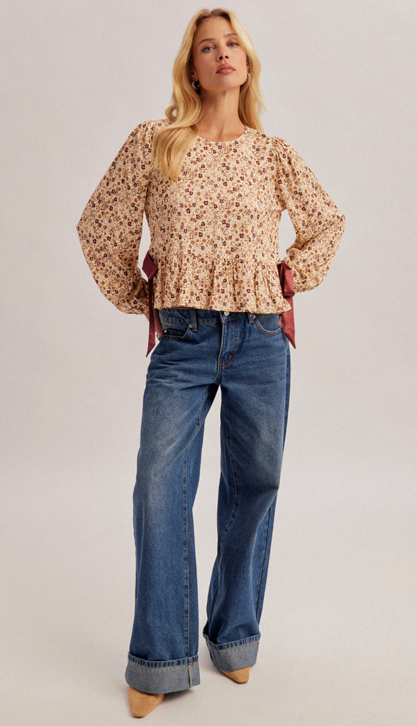 Blith Puff Sleeves Side Ribbon Tie Peplum Top- Taupe Multi