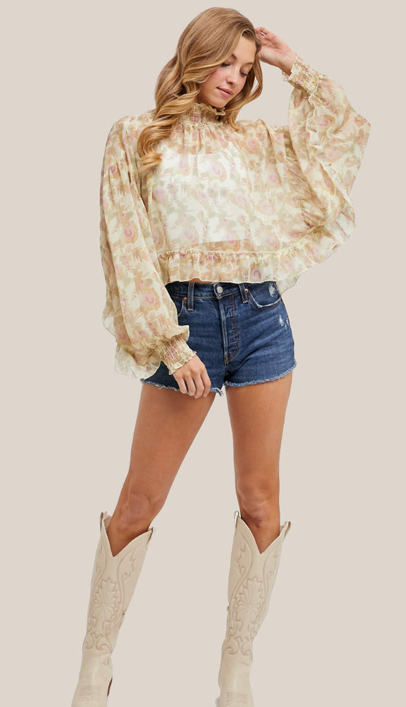 In This Moment Floral Print Chiffon Top- Vanilla