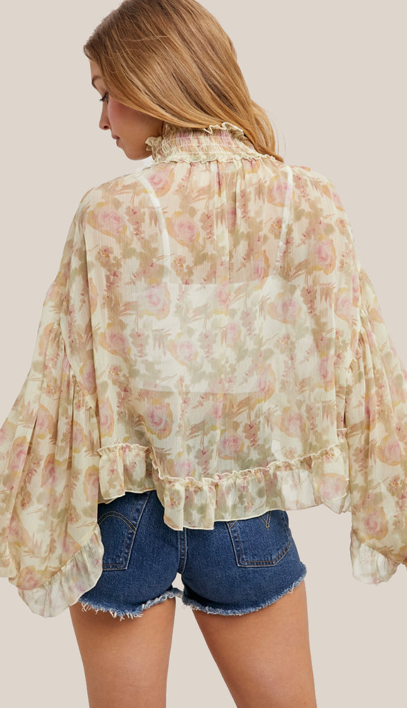 In This Moment Floral Print Chiffon Top- Pink
